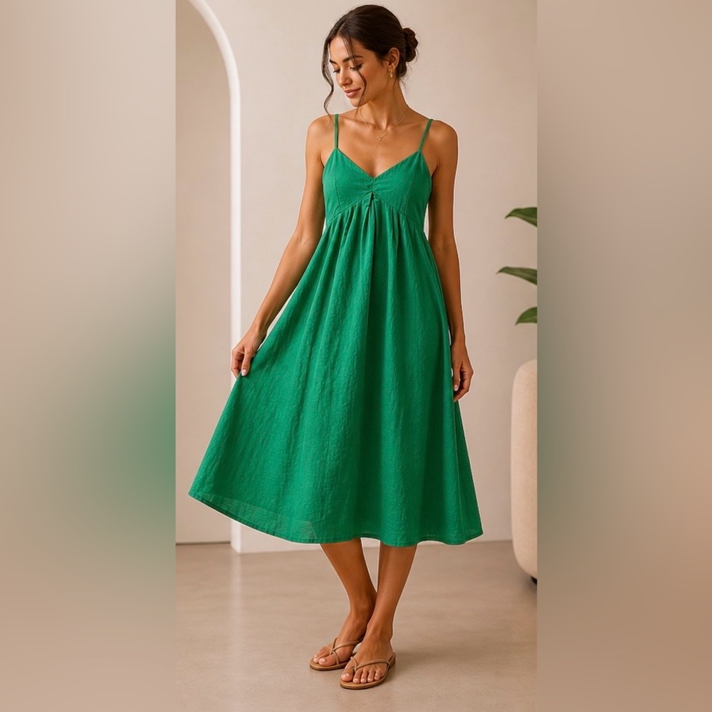 Commense Green Babydoll Midi Dress Size XS Adjustable Strap Sundress